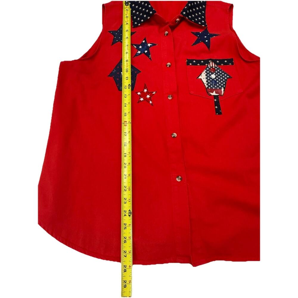 Womens XL Denim Sleeveless Patriotic July 4thButton Down Red Top Cottagecore - Picture 6 of 7